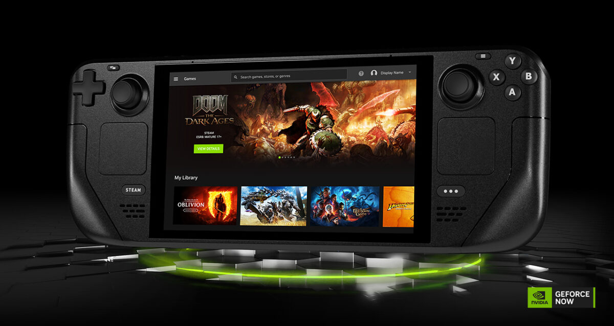 Die mobile Spielekonsole Steam Deck mit einem GeForce-Now-Schriftzug.
