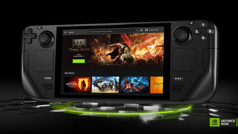 Die mobile Spielekonsole Steam Deck mit einem GeForce-Now-Schriftzug.