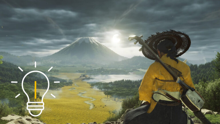 Ein Samurai mit Strohhut und Katana auf dem Rücken kniet andächtig auf einer Anhöhe mit Blick auf einen Berg bei Sonnenaufgang.