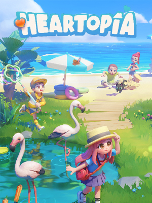 Heartopia: Bunte Spielwelt mit Anime-Charakteren am Strand, Enten und Flamingos, idyllische Inselkulisse im niedlichen Lebenssimulationsspiel.