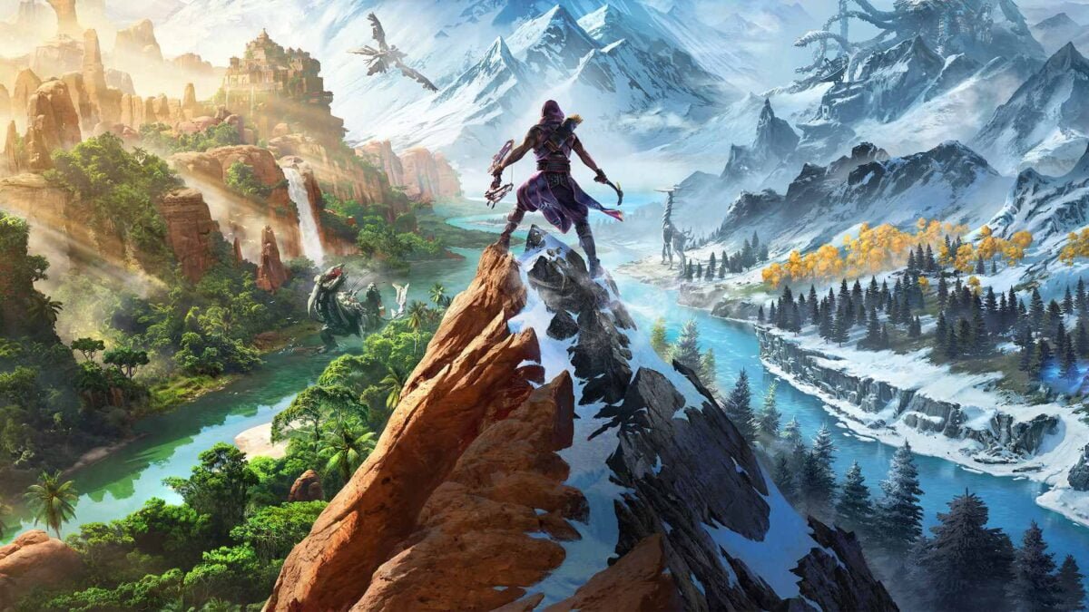 Held Ryas überblickt die malerische Spielwelt von Horizon: Call of the Mountain für PSVR2.