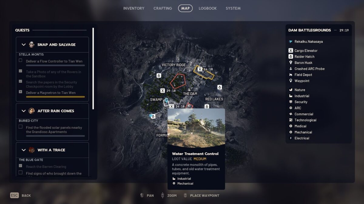 Kartenansicht des Dam Battlegrounds mit markierten Loot-Gebieten rund um „Victory Ridge“ und „The Dam“; Infofenster zeigt „Water Treatment Control“ mit Bild und Loot-Wert.