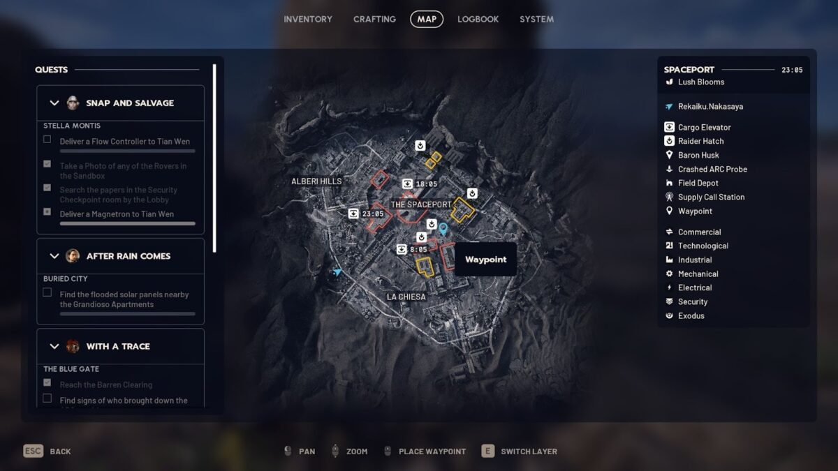 Überblickskarte des Spaceports mit farblich umrandeten Loot-Zonen, Waypoints und Missionsmarkierungen; links eine aktive Questliste, rechts die Legende der Standorte und Kategorien.