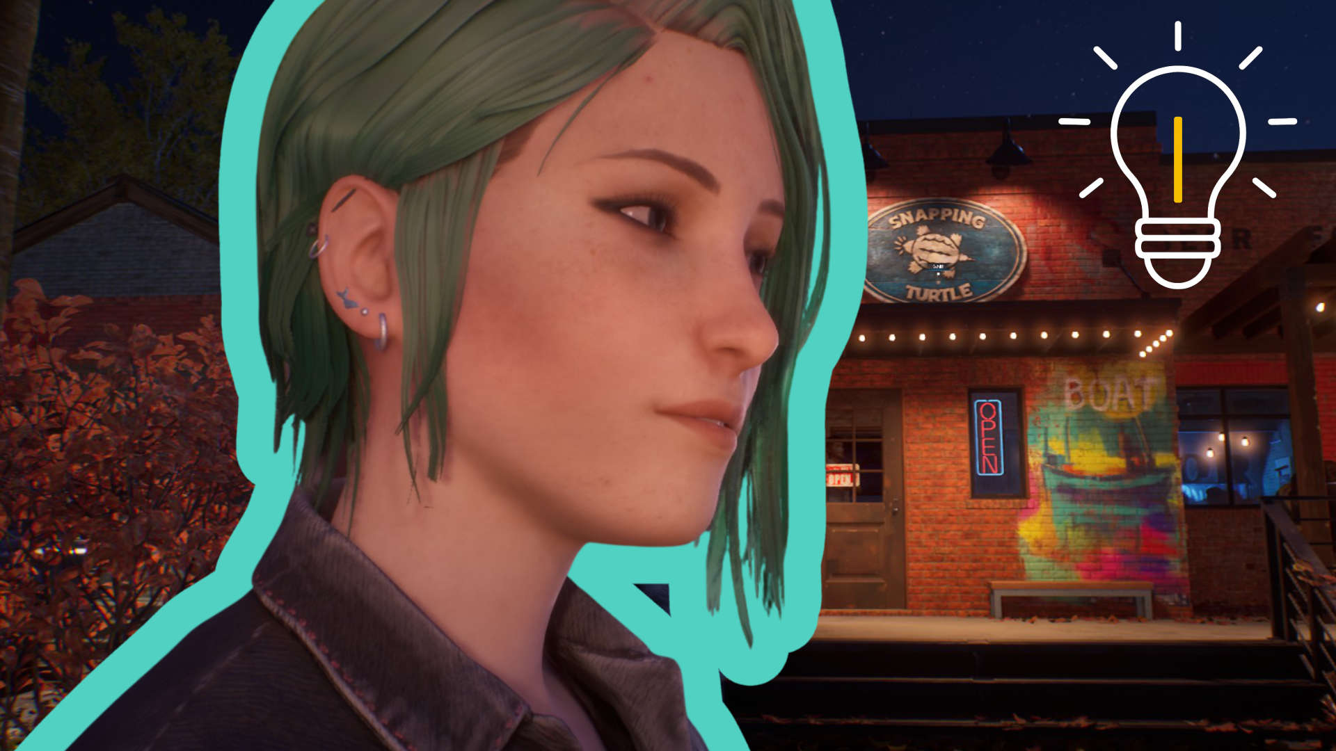 Chloe in profile, with a picture of the Snapping Turtle behind her.