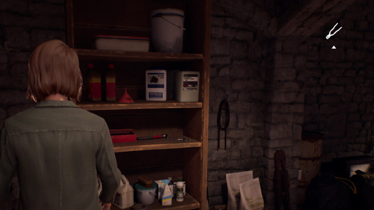 Max steht vor einem Holzregal mit verschiedenen Werkzeugen drin.