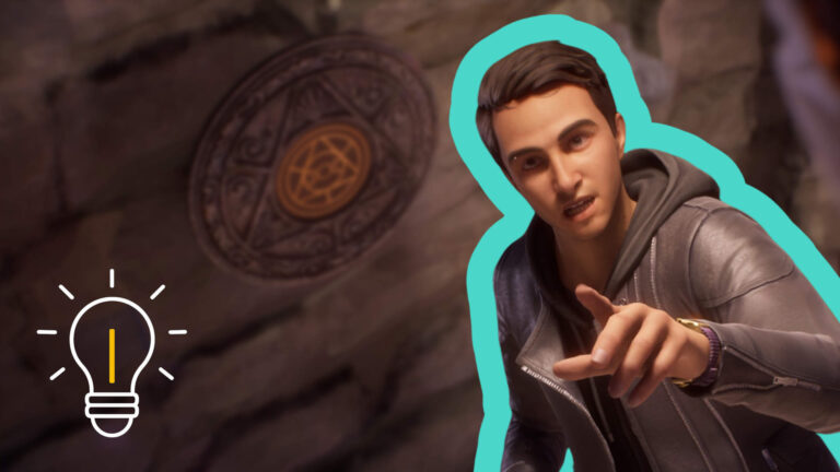 Reggie zeigt mit dem Finger auf etwas, dahinter eine silberne Tafel.