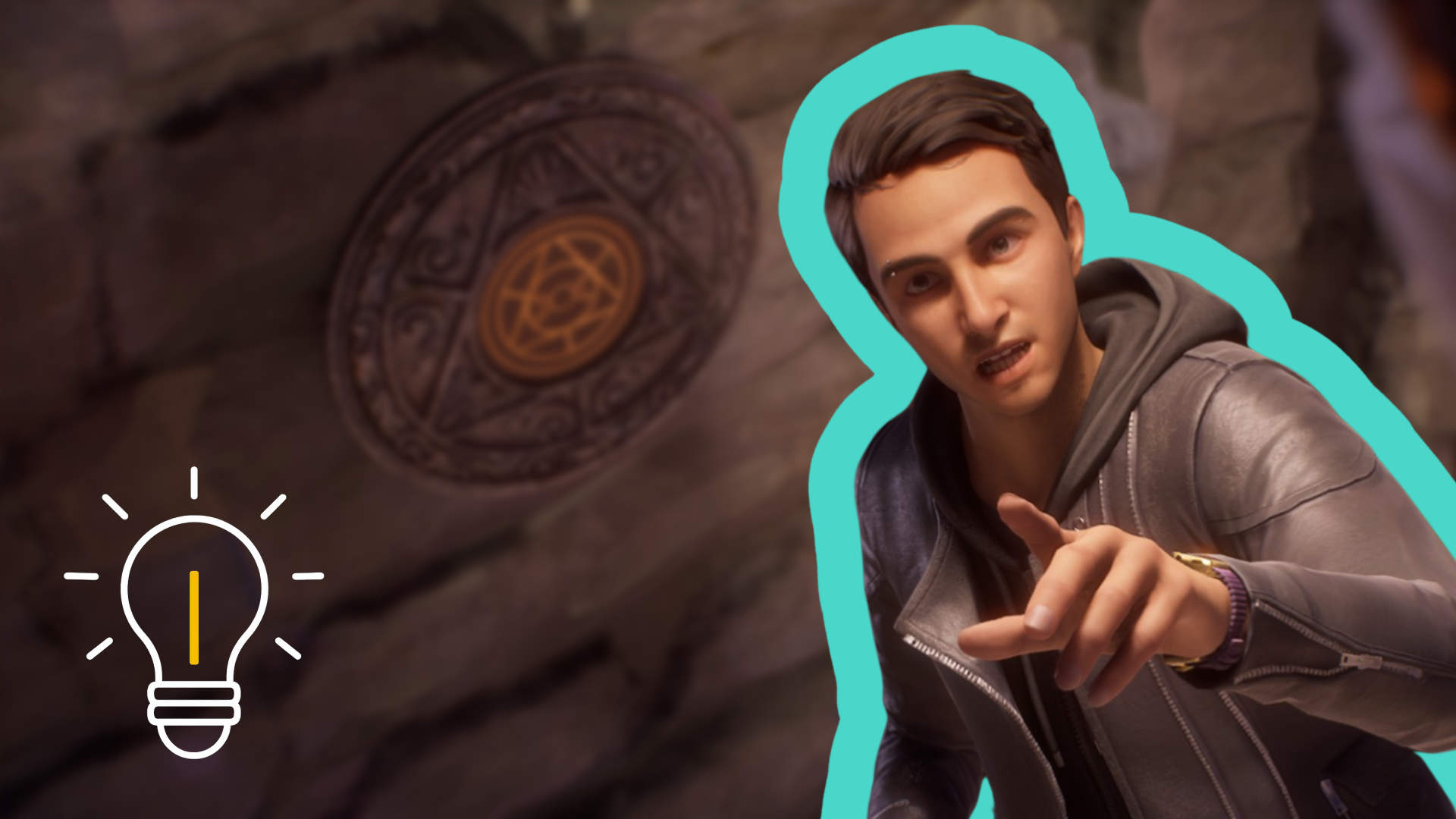 Reggie zeigt mit dem Finger auf etwas, dahinter eine silberne Tafel.