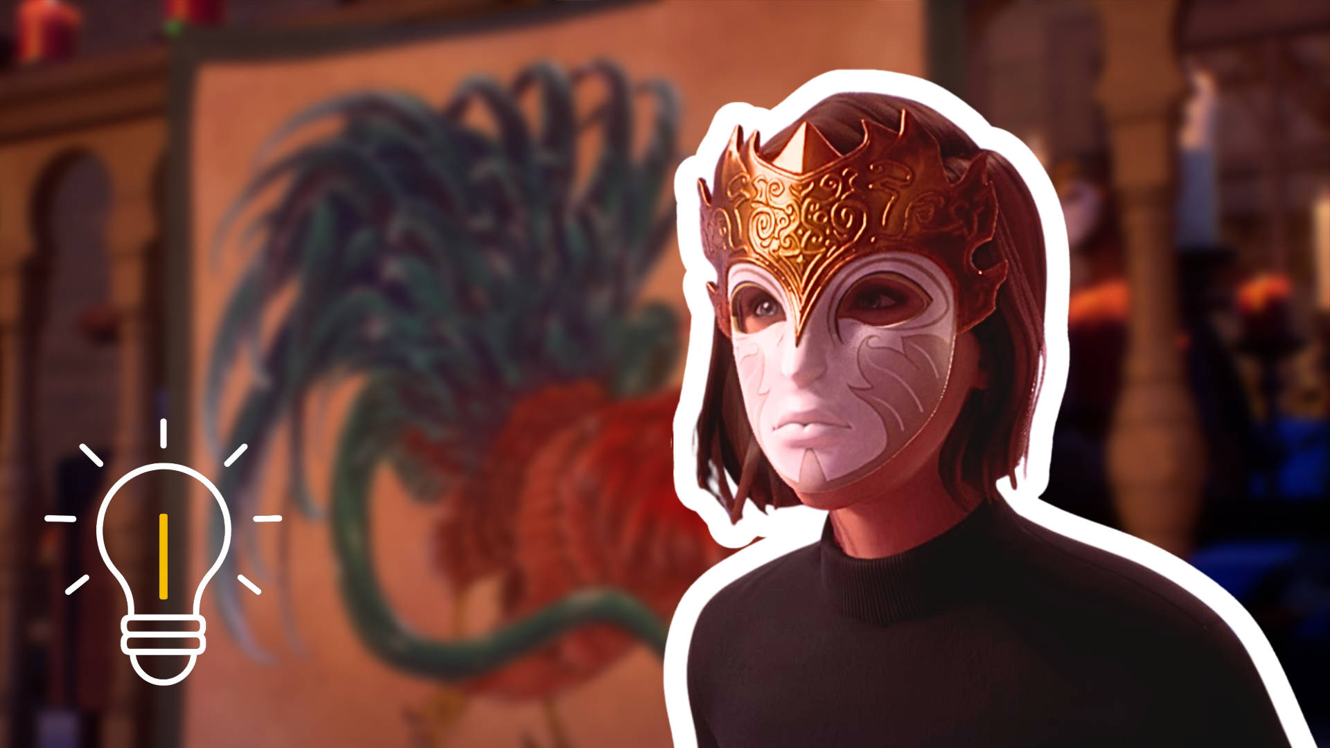 Max mit einer weißen Maske. Dahinter ein Basilisk auf einem Wandteppich.