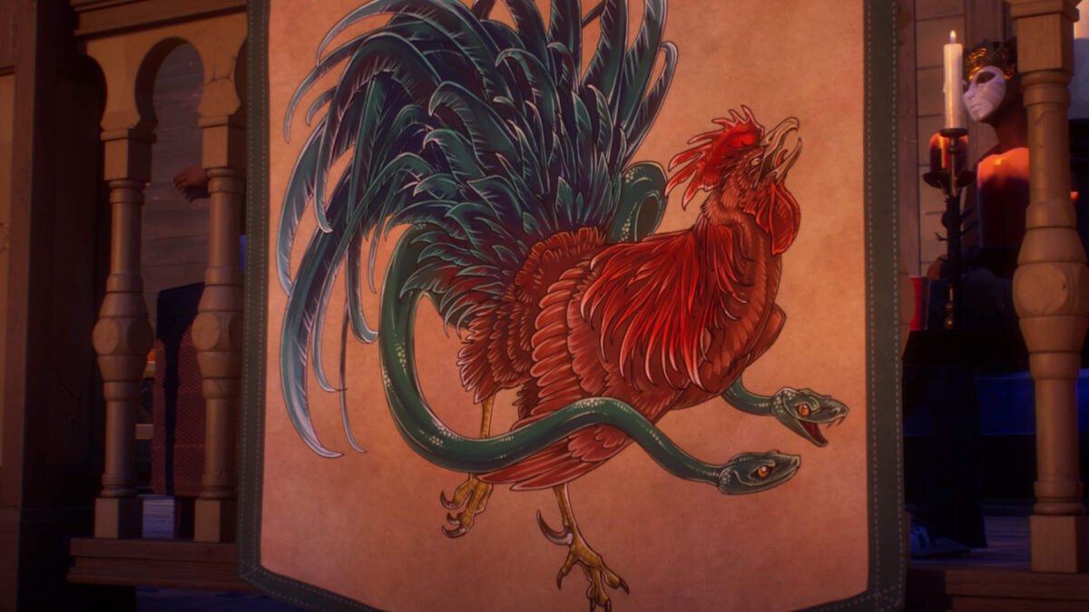 A tapestry depicting a dog and a snake.