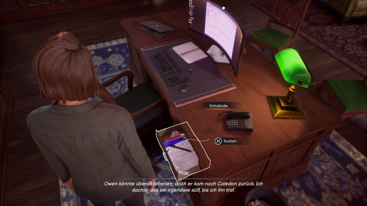 Max steht in Owens büro und sucht nach Hinweisen zur Marbon-Party.