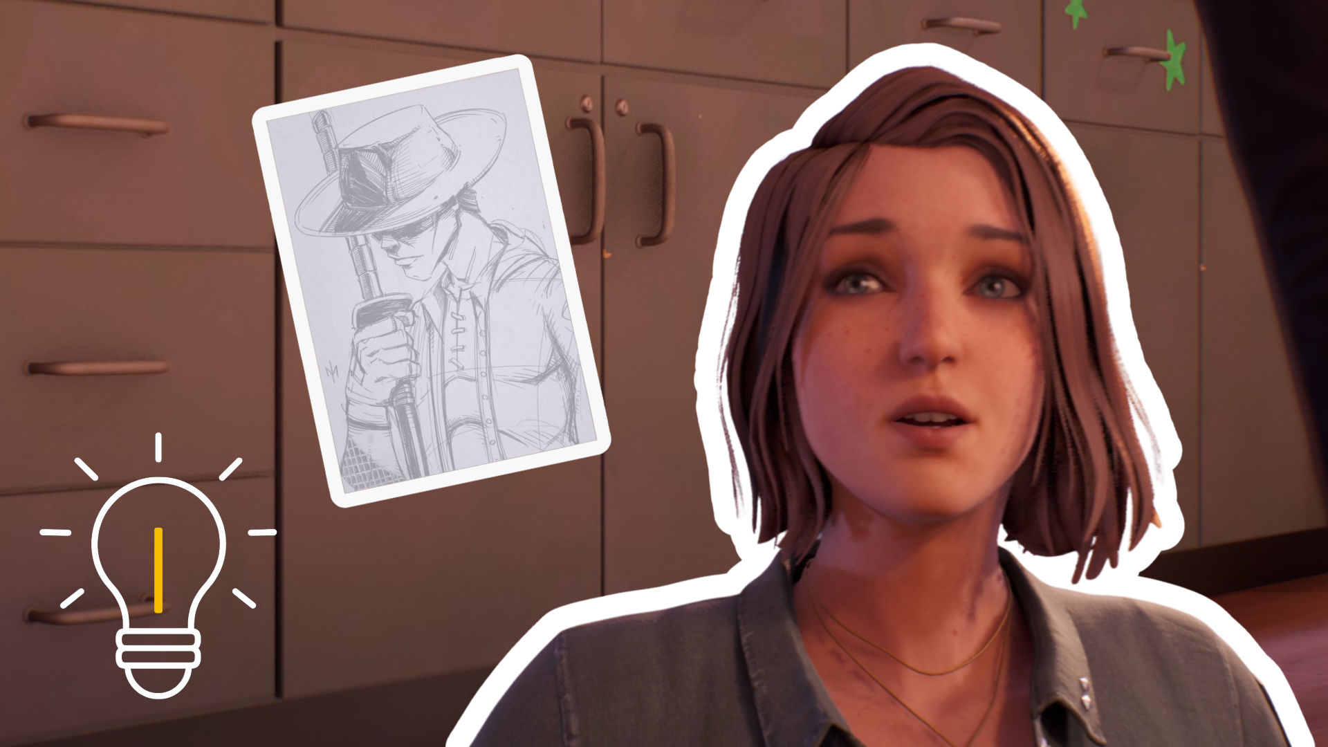 Max aus Life is Strange: Reunion mit dem Schwertmeister als Karte und dem Schrank im Hintergrund.