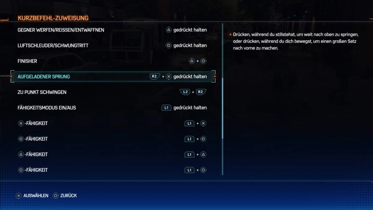 Der aufgeladene Sprung (R2 + X gedrückt halten) ist ein häufig genutztes Manöver und damit ein weiterer idealer Kandidat für eine der beiden Kurzbefehl-Tasten.