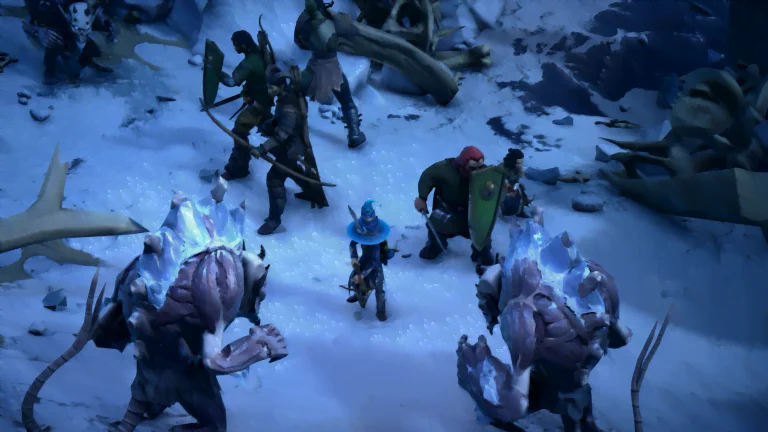 Eine Szene aus dem Spiel Pathfinder: Wrath of the Righteious zeigt eine Winterlandschaft, in der Eismonster eine Gruppe Wanderer angreift.