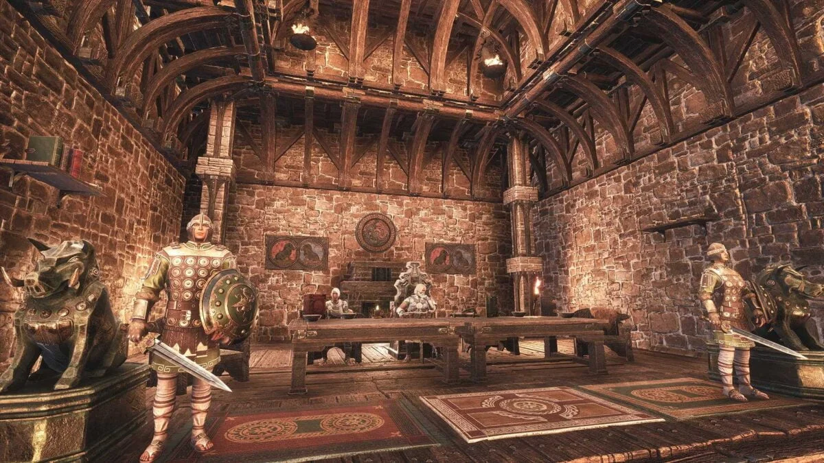 Conan Exiles People of the Dragon Burginnenansicht in hoher Halle mit Burgherr an breitem Tisch und Wachleuten im Vordergrund