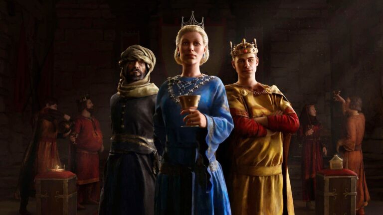 News Crusader Kings 3 Royal Court Gekrönte Frau mit Trinkbecher in Hand steht mittig zwischen König rechts und turbantragendem Mann links