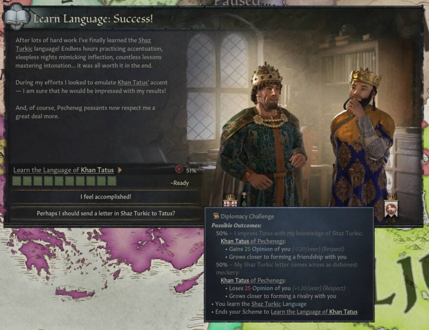 Crusader Kings 3 Royal Court Ingame-Event-Box nach dem erfolgreichen Erlernen einer Sprache