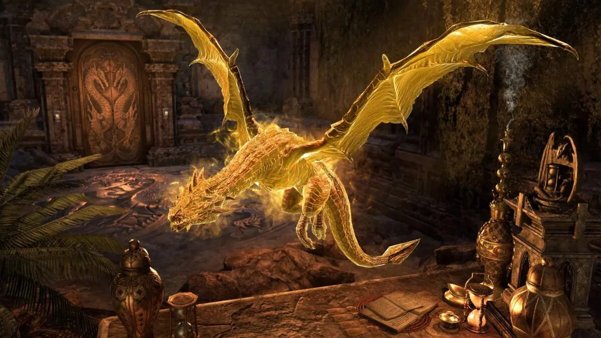 Elder Scrolls Online Feierlichkeiten zum daedrischen Krieg fliegende gold leuchtende Drachenillusion