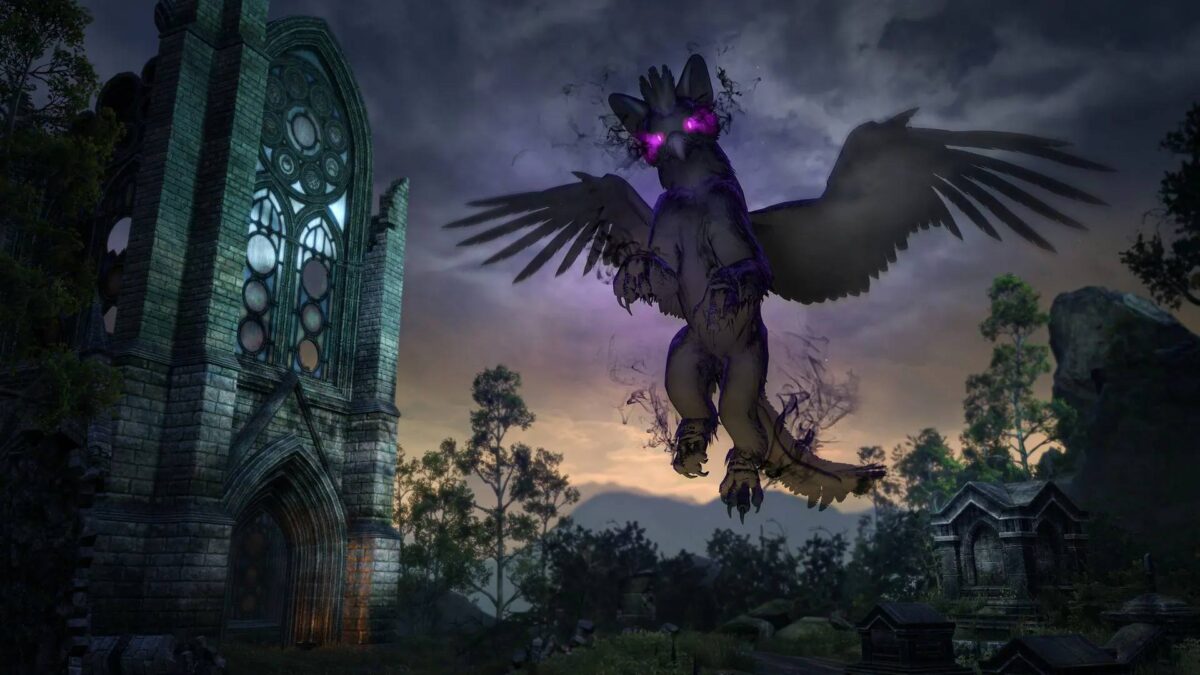 Elder Scrolls Online Feierlichkeiten zum daedrischen Krieg fliegendes graues Greifenjunges mit lila leuchtenden Augen
