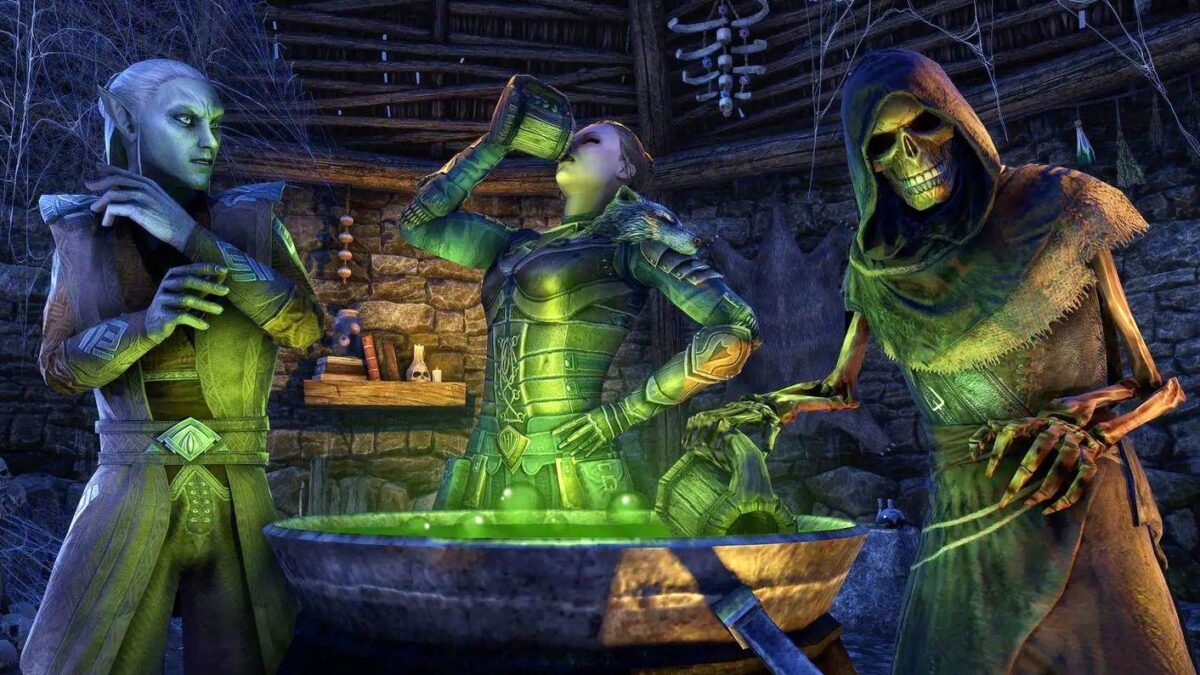 The Elder Scrolls Online Hexenfest drei Personen trinken aus Kessel mit grün blubberndem Inhalt, einer ist in Skelett verwandelt