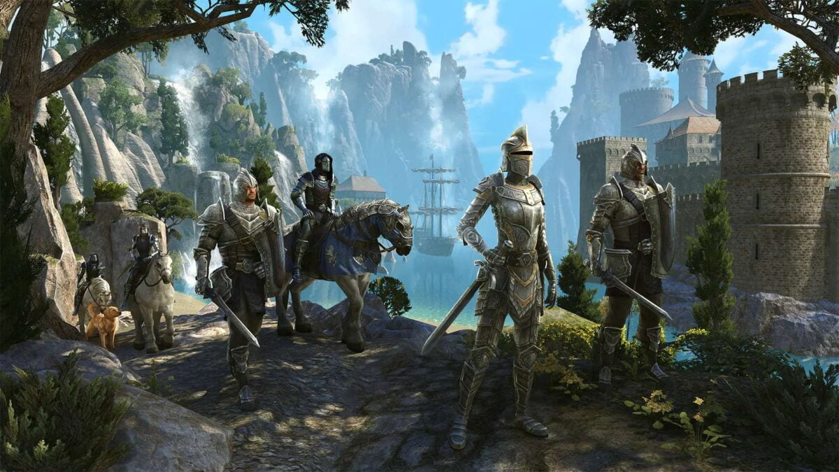 Elder Scrolls Online High Isle marschierende Heldengruppe vor Festung auf tropischer Insel am Meer