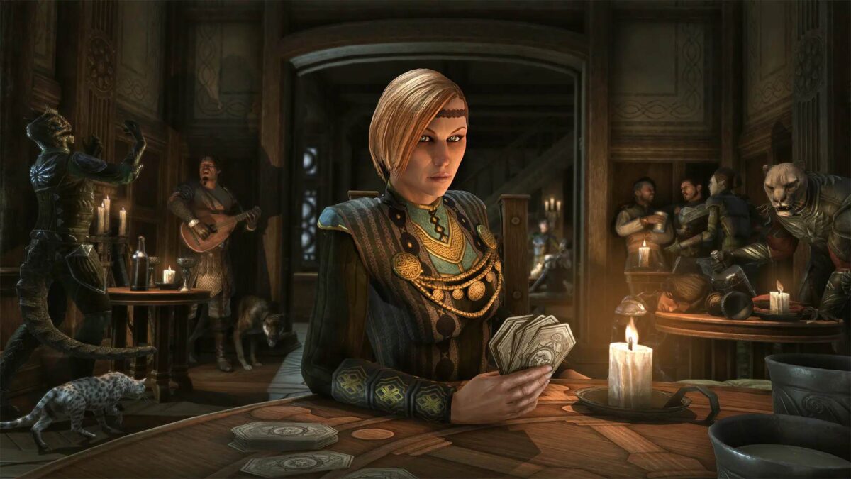 Elder Scrolls Online Ruhmesgeschichten blonde Frau sitzt mit Karten in der Hand in Taverne