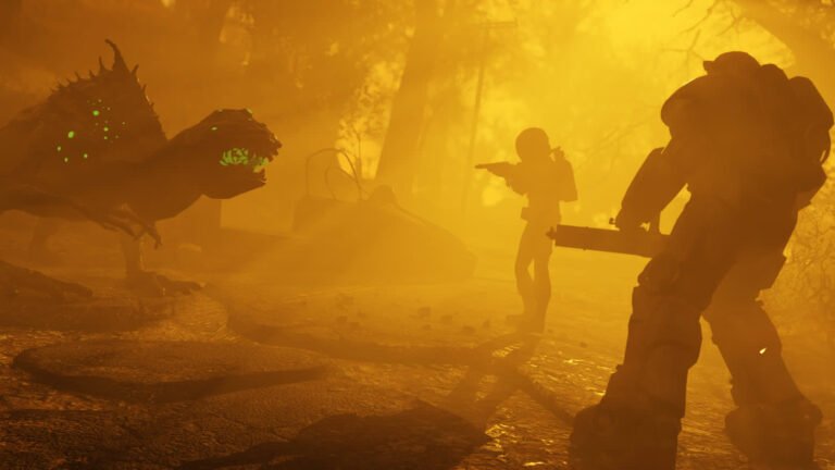 News Fallout 76 Zwei Gerüstete kämpfen in Atomzone gegen Snallygaster