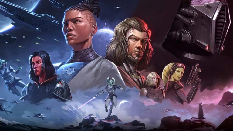 Star Wars The Old Republic Legacy of the Sith mehrere Jedi vor Hintergrund einer Raumschlacht, Sith mit Kapuze im Hintergrund
