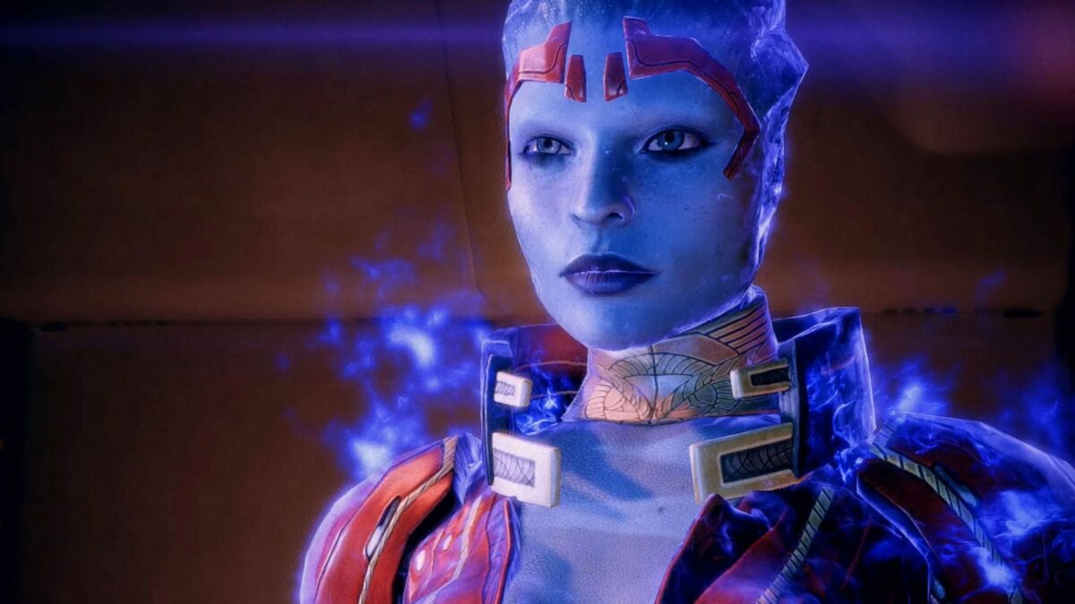 News Mass Effect Blauhäutige Asari-Alienfrau mit lila waberndem Zaubereffekt am Körper
