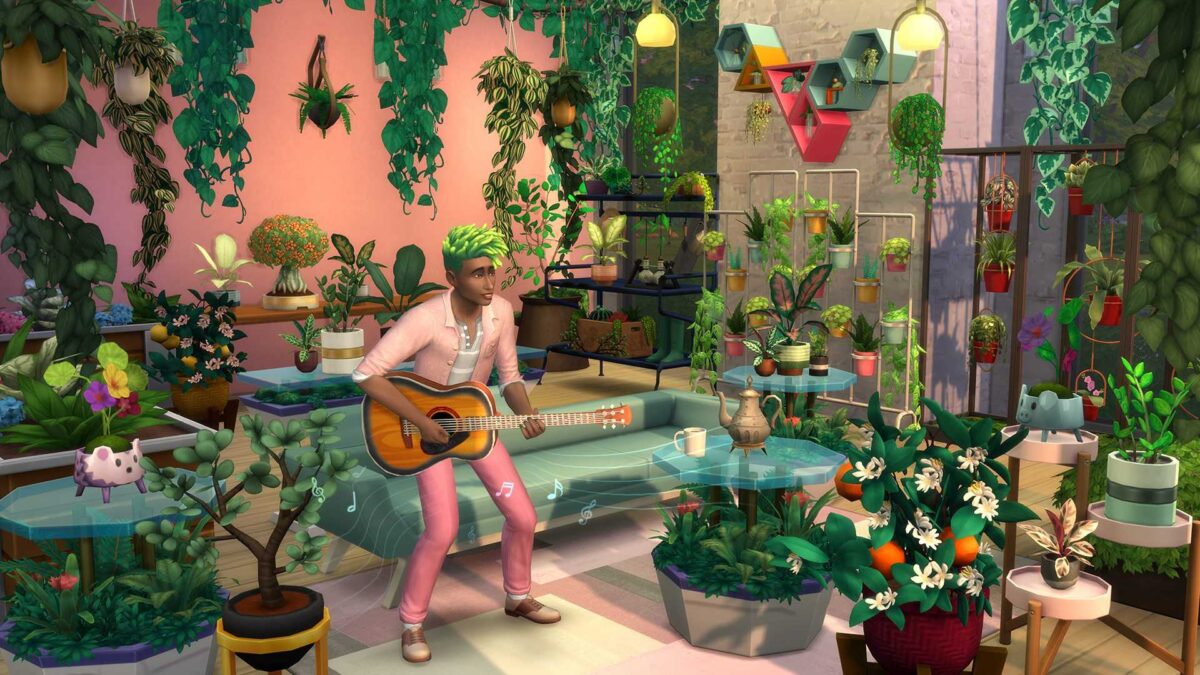 News Sims 4 Blühende Räume Sim mit grünem Haar spielt in mit Pflanzentöpfen vollgestelltem Raum Gitarre