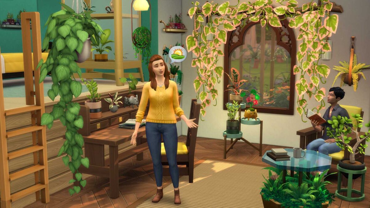 News Sims 4 Blühende Räume Sim-Frau unterhält sich mit anderem Sim in Raum voller Grünpflanzen