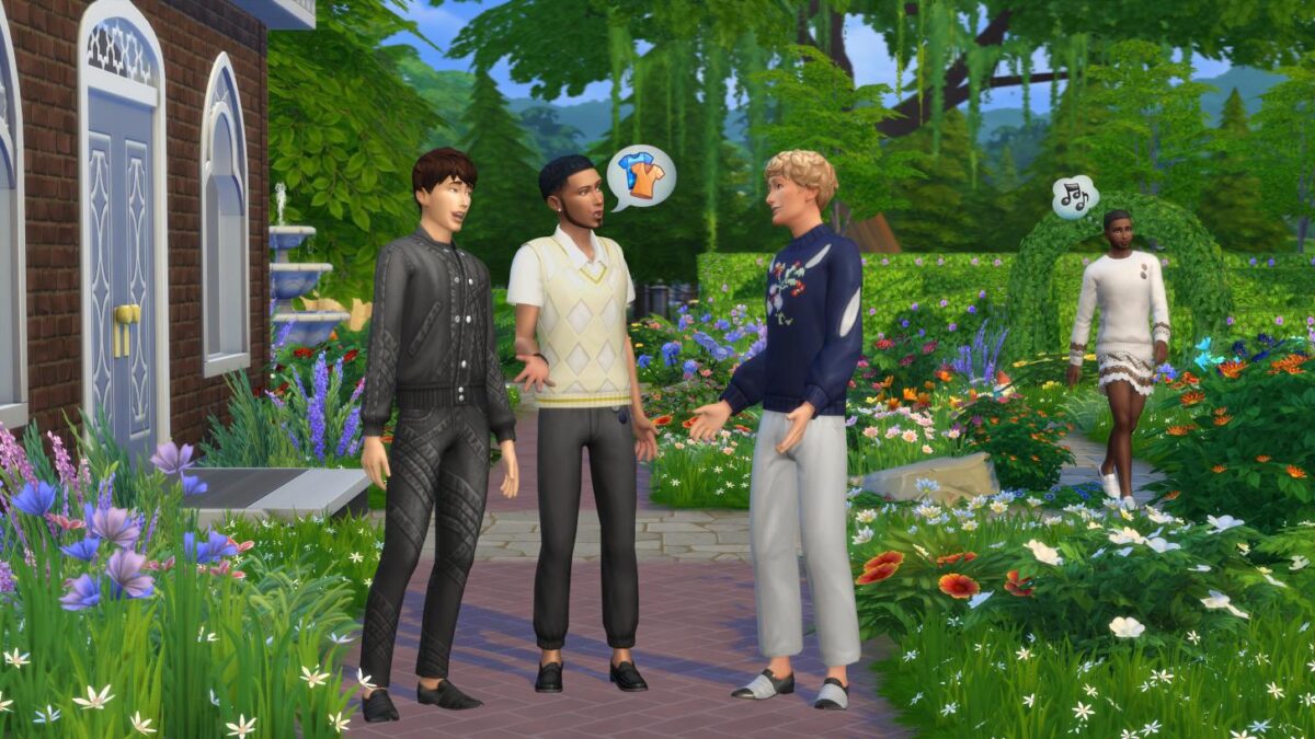 News Sims 4 Moderne Männermode mehrere Sim-Männer stehen in blühendem Garten und unterhalten sich über Mode