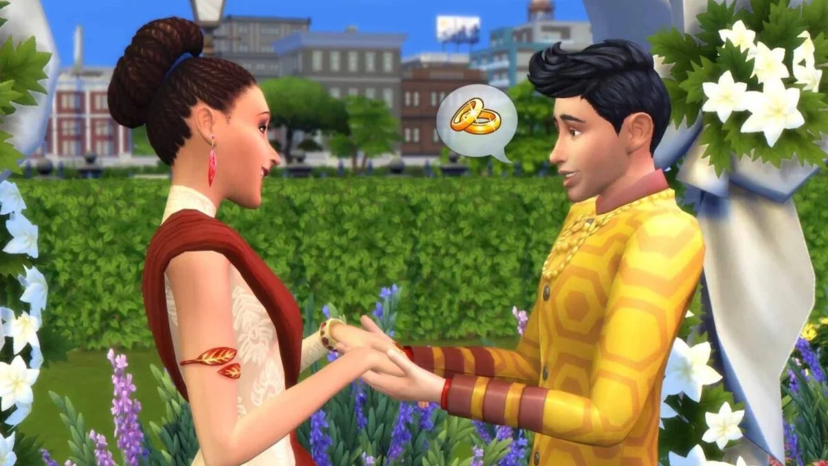 News Sims 4 Nachbarschaftsgeschichten Sim-Paar hält sich bei den Händen und denkt an Eheringe