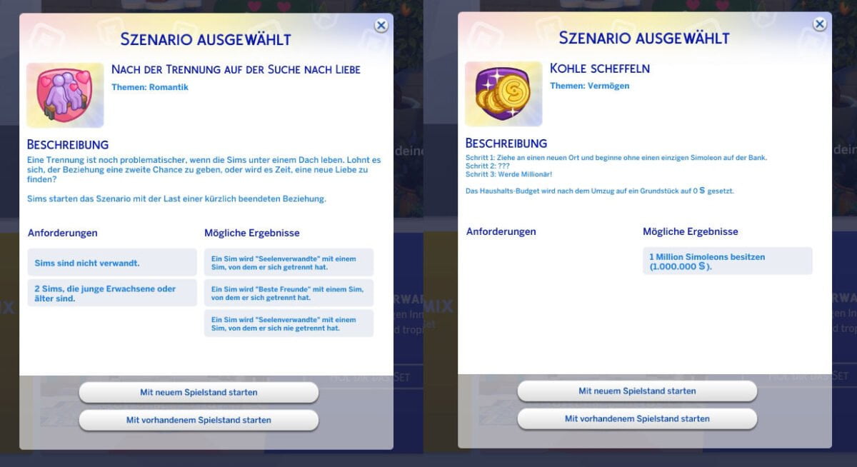 Sims 4 Szenarien Zwei verschiedene Szenario-Übersichten im Vergleich
