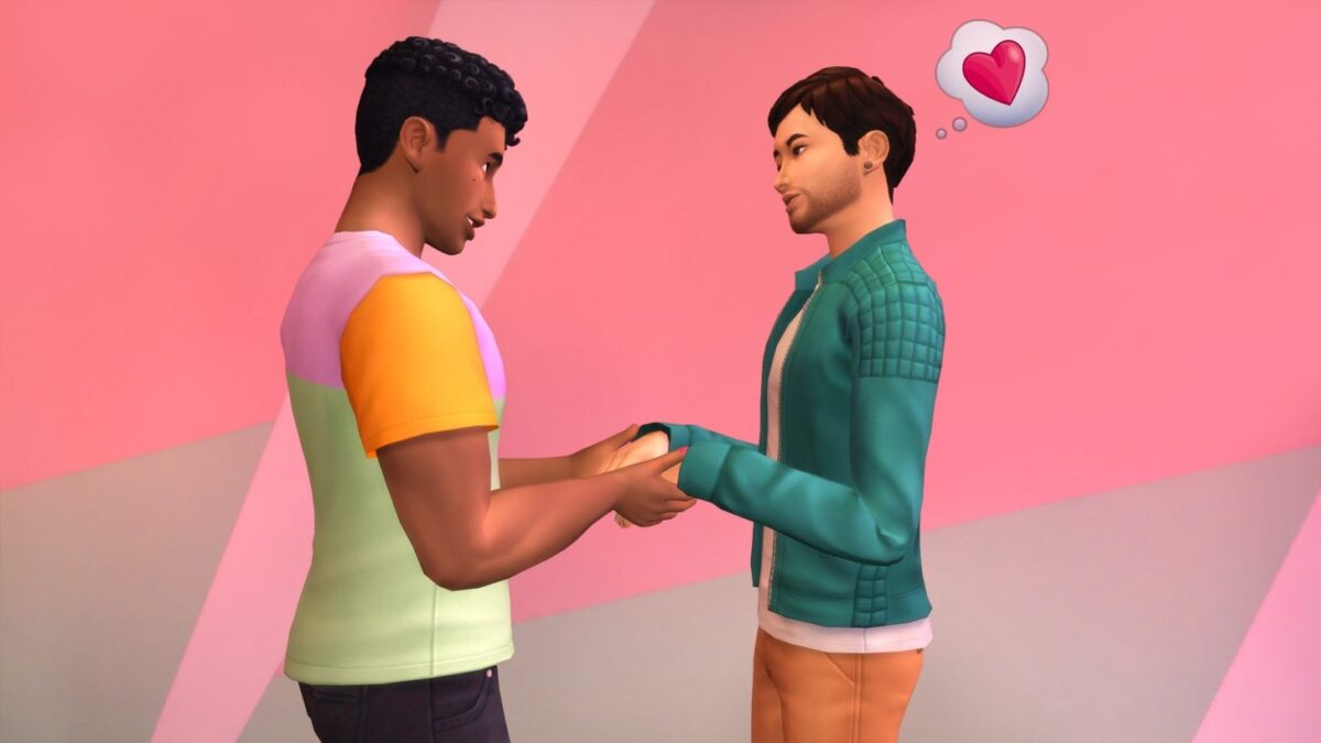 Sims 4 Szenarien Zwei Sim-Männer halten sich bei den Händen, einer hat rotes Herz in Gedankenblase über dem Kopf