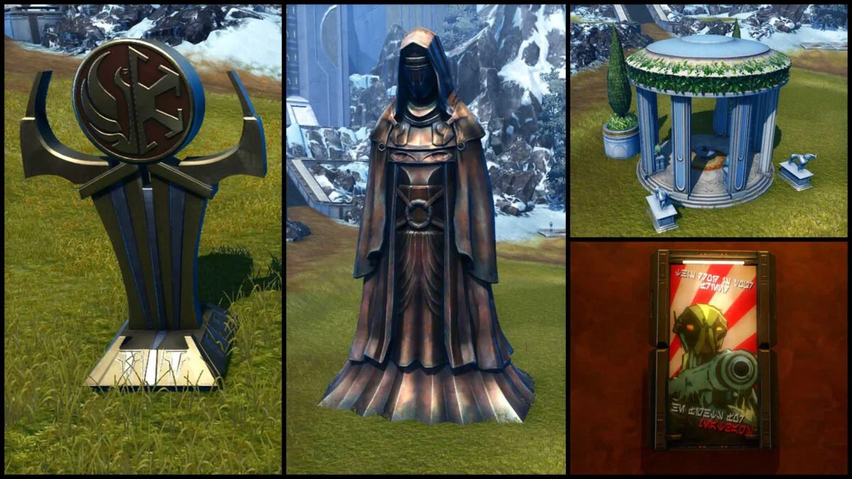 SWTOR Galactic Season 1 Vier unterschiedliche, erhältliche Dekorationen nebeneinander gestellt