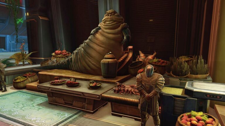 Star Wars The old Republic Fest des Wohlstandes großer Hutte sitzt vor einer Menge aufgebauter Speisen