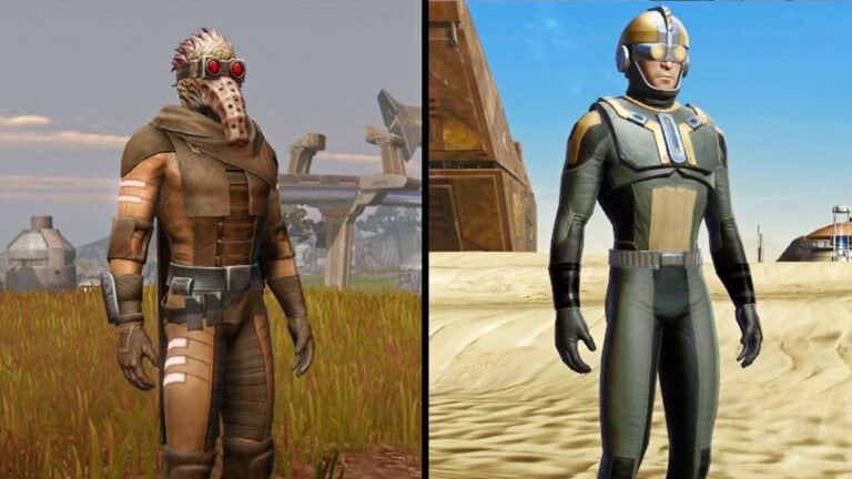 SWTOR Galactic Season 1 Gefährte und erhältliche Rüstung nebeneinander gestellt