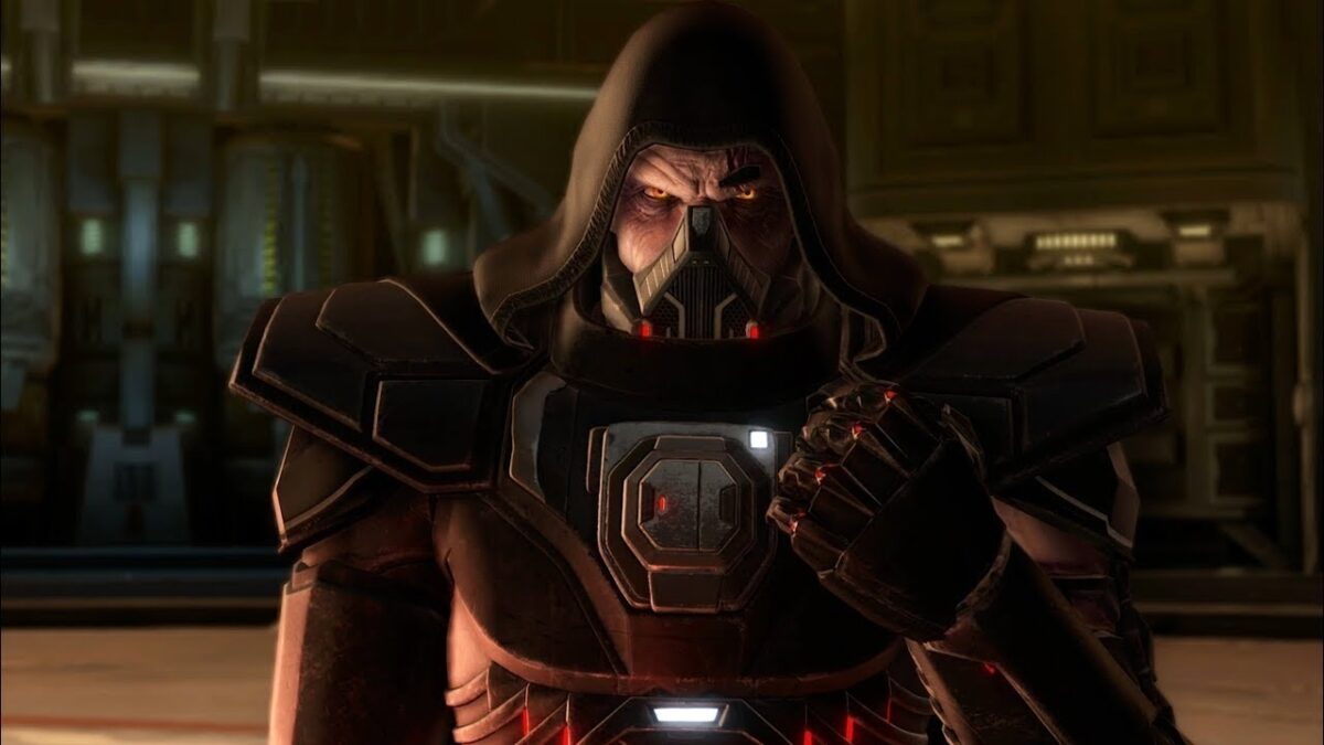 News SWTOR Sith-Lord mit Halbmaske und schwarzer Kapuzenrobe über Rüstung ballt Faust