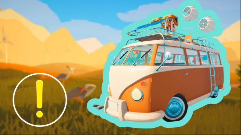 Ein orangener Camper, dahinter eine Wiese.