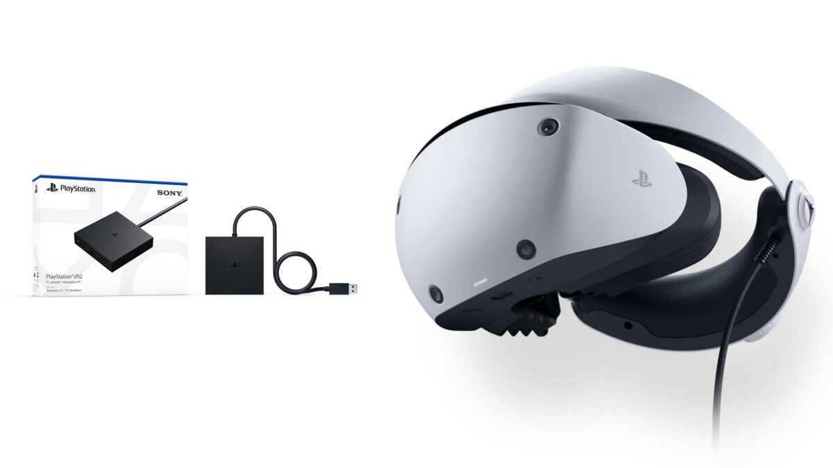 Links der PC-Adapter für die Playstation VR2 samt Verpackung, rechts daneben die VR-Brille.