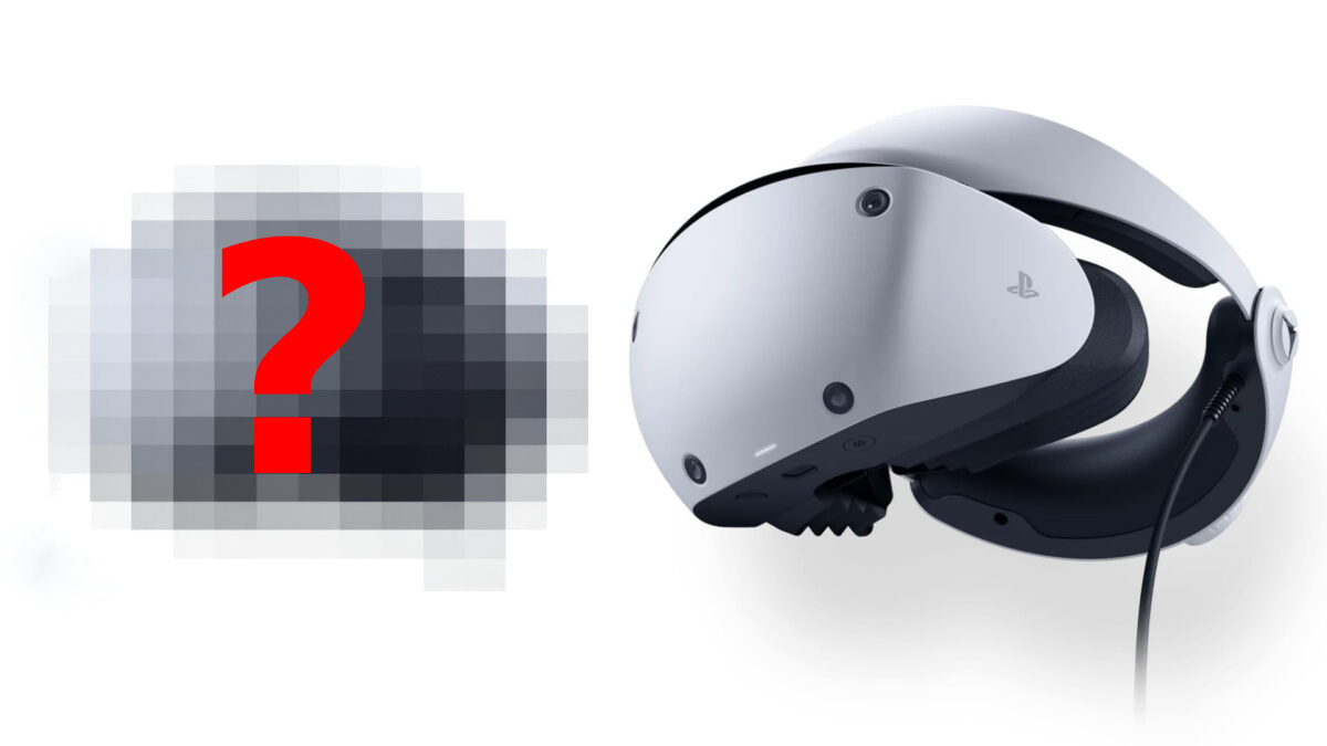 Pixelated silhouette of a VR headset with a red question mark as a teaser for a new model.
