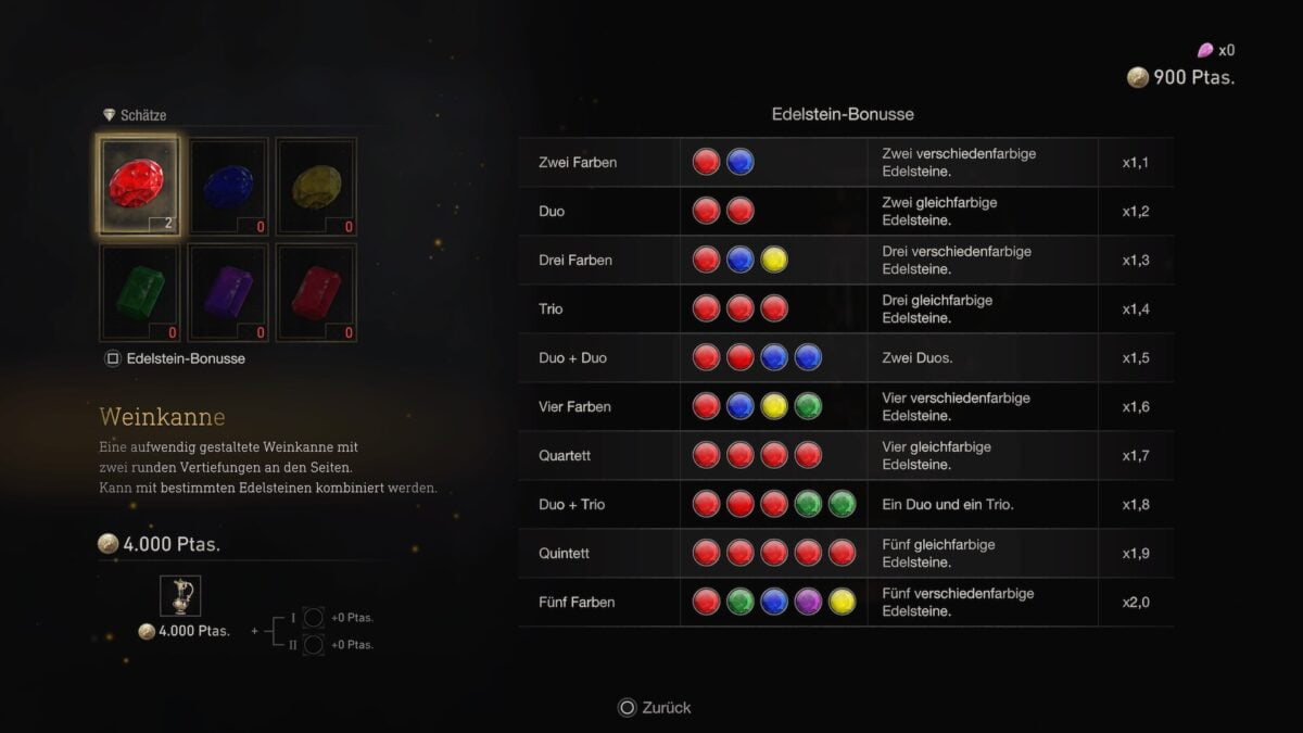 Ein Bild des Inventars in Resident Evil 4 Remake zeigt eine Tabelle mit Werten von Edelsteinen.