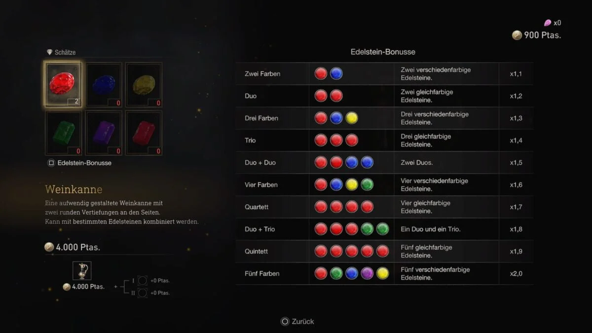 Ein Bild des Inventars in Resident Evil 4 Remake zeigt eine Tabelle mit Werten von Edelsteinen.
