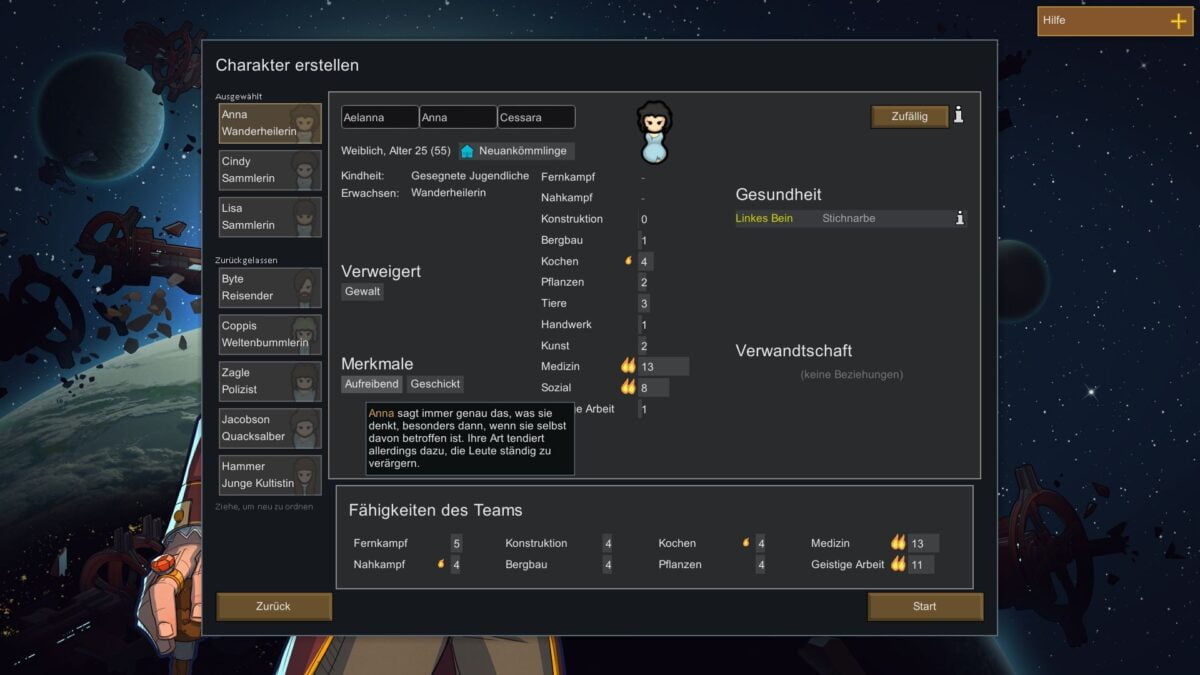 Rimworld Review Test Charaktererschaffungsfenster mit Infos zu Fähigkeiten, Eigenschaften, Aussehen, Vorgeschichte