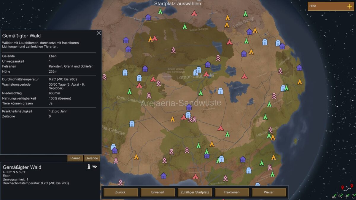 Rimworld Test Review Planetenkarte mit angezeigten Siedlungen, Klimazonen und Detailinformation zu einem gewählten Feld