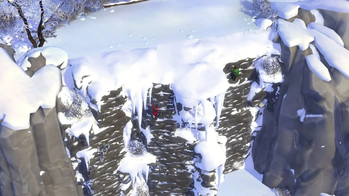 Sims 4 Ab ins Schneeparadies Drei Sims klettern eine hohe, verschneite Steilwand hinauf