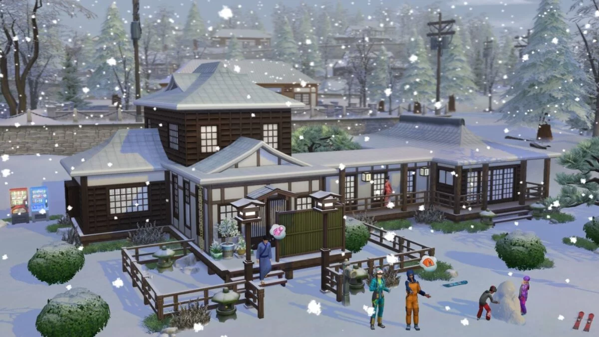 Sims 4 Ab ins Schneeparadies Urlauber in Schneekleidung stehen vor japanischem Haus, während es schneit