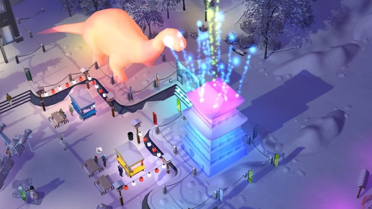 Sims 4 Ab ins Schneeparadies Beleuchtete Riesenschneeskulpturen und Feuerwerk beim Schneefest