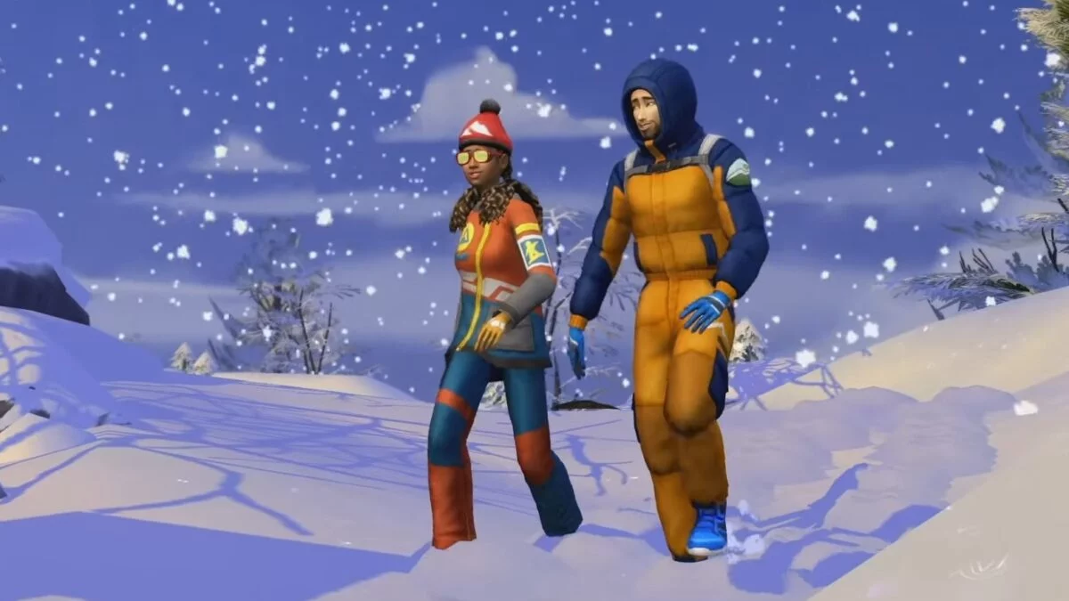Sims 4 Ab ins Schneeparadies Zwei Sims in Schneekleidung wandern durch eine Winterlandschaft