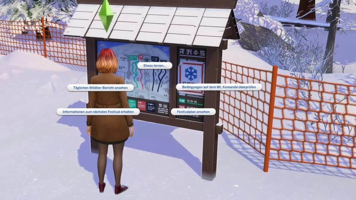 Sims 4 Ab ins Schneeparadies Eine Sim-Frau überprüft an der Informationstafel die Wetterbedingungen